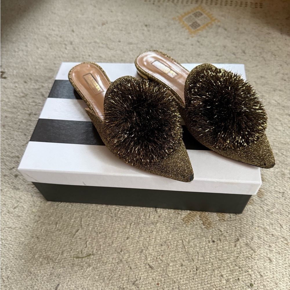 Aquazzura Glittering Gold Mules with Pom-Pom